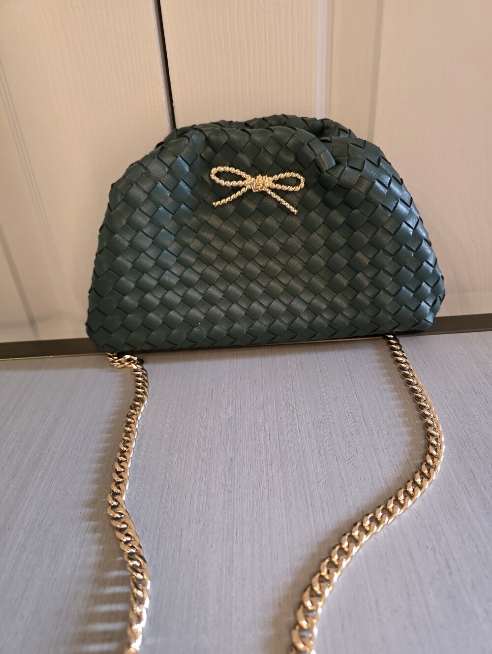 Anthropologie Maeve The Frankie Mini Clutch Woven Bow Edition Green NEW